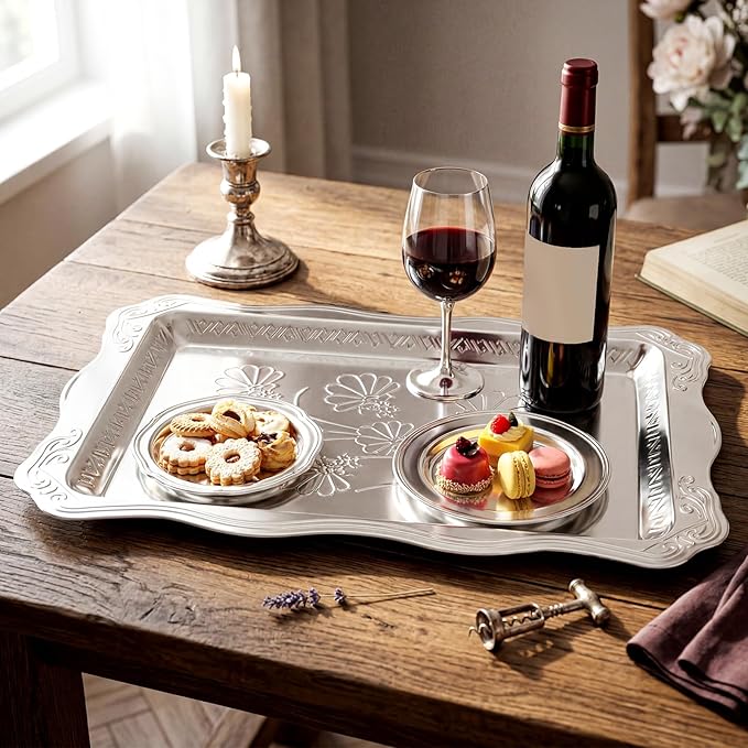 4 Pack 21.6" x 14.6" Large Silver Serving Trays for Dessert Table Stainless Steel Silver Platters Floral Engraved Mirror Serving Platters for Wedding, Desserts, Party Food Display (Classic)