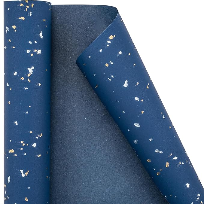 MAYPLUSS Navy Blue Wrapping Paper Roll - 17Inch x 16.5Feet - Masculine Black Gold Shiny Flakes on Matte Dark Navy Blue Heavy Gift Wrap Paper w/Silky Touch for Father's Day, Birthday, Holiday, Christmas