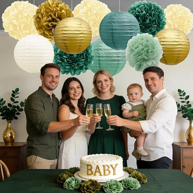 BEISHIDA Green Gold Tissue Hanging Paper Flowers Lanterns Party Decorations Set for Birthday Graduation Baby Shower Bridal Bachelorette Wedding Photo Booth Backdrops Party Supplies(18 Packs)
