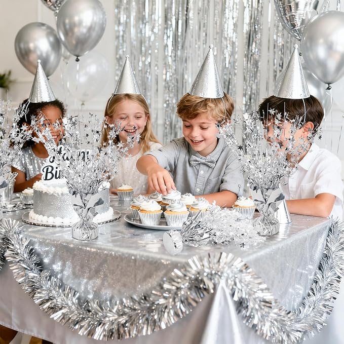 ZOOFOX 12 Pack Metallic Foil Spray Centerpiece, Glitter Silver Star Table Decoration, Burst Table Centerpieces for Birthday Wedding Anniversary Christmas Party Supplies Decor, Freestanding