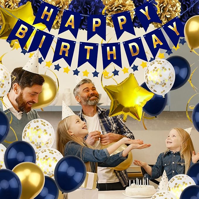 Navy Blue and Gold Happy Birthday Decorations with Banner, Paper Pompoms for Boys, Girls, Men, Women - Party Decorations Supplies