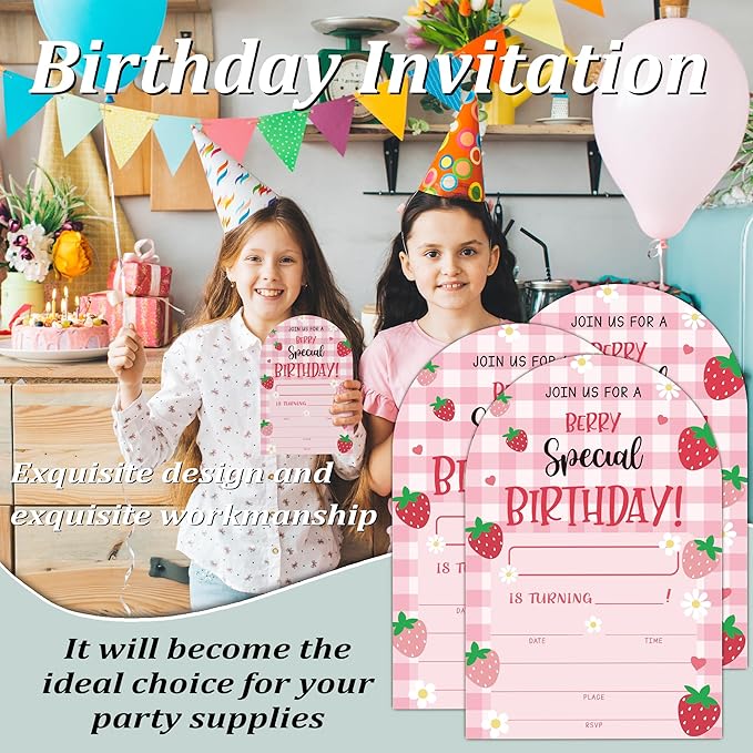 Special Berry Birthday Party Invitations, Strawberry Party Invitations for Girls, 20 Fill-In invites with Envelopes, Strawberry Theme Birthday Party Favor & Decoration (arch)