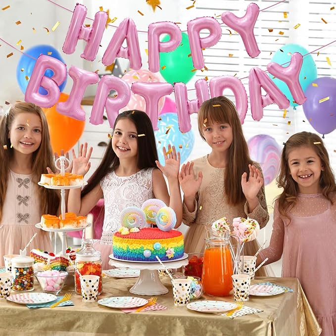 Pink Happy Birthday Balloon Banner Decorations 16 inch for Women Girls Party