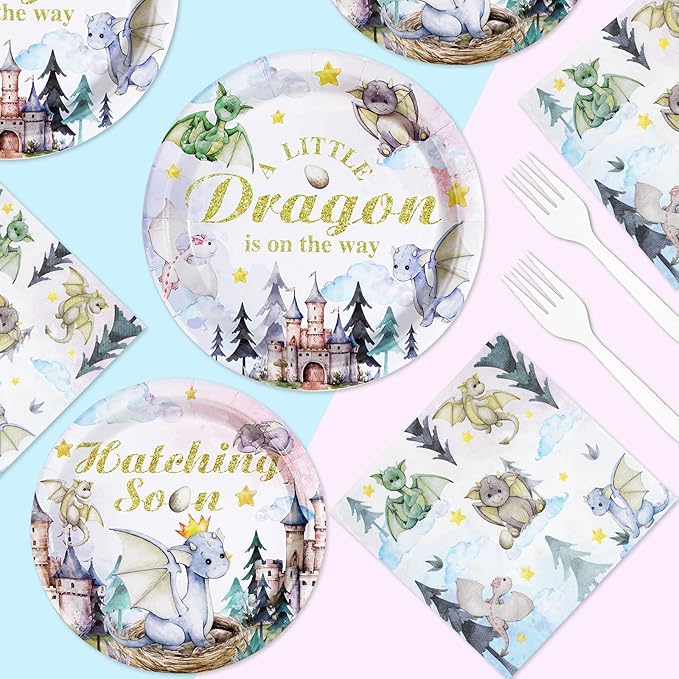 Grencian 96Pcs Dragon Baby Shower Decorations Watercolor Dragons Plates and Napkins Disposable A Little Dragon On The Way Paper Tableware for Boys Girls Baby Shower Party Supplies, Serves 24