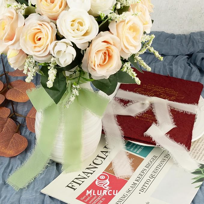 Sage Green Chiffon Ribbon 1 Inch x 21Yds Handmade Fringe Chiffon Silk Ribbon Sage Green/Desert Sage/Cream Frayed Chiffon Ribbon for Wedding Invitation Flower Bouquets Bridal Shower Gift Wrapping