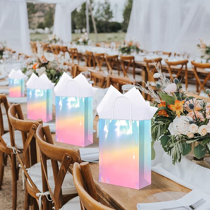 MIMIND 24 Pack Iridescent Paper Gift Bags with Handles Holographic Party Favor Bags with Tissue Paper 8.7 x 6.3 x 3.1 Inch Glitter Gradient Pink and Blue Goodie Candy Bag for Wedding Birthday Parties