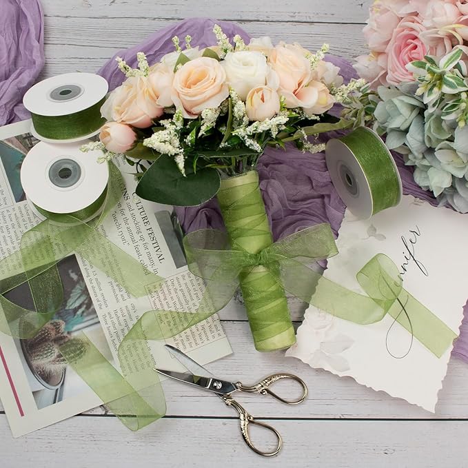 Sage Green Organza Ribbon - 1 Inch x 75 Yds, Light Green, Clear, Chiffon, Tulle for Gift Wrapping, Christmas, Wedding, Invitations, Wreaths, Bows, Crafts
