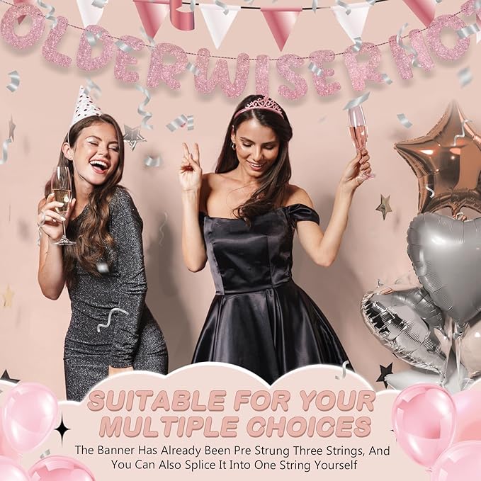 Fulmoon Set of 3 Pre Strung Older Wiser Hotter Glitter Banner Funny Birthday Banner for Women 30th 40th 50th 60th 70th 80th Birthday Party Decorations Sign Gift(Rose Gold)