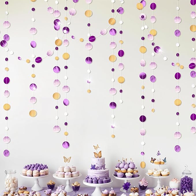 Cheerland Purple and Gold Party Decorations Rapunzel Birthday Decorations Lavender Fantasy Theme Circle Golden Garland Streamers Banner Pruple Backdrop Bday Hanging Party Decor Baby Shower Supplies