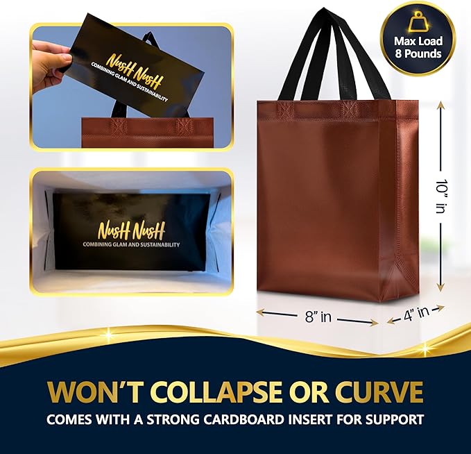 Nush Nush Chocolate Gift Bags Medium Size - Set of 30 Reusable Shiny Brown Gift Bags Handles - Perfect For Small Business Use For Gifting Occasions Like Events, Birthdays, Party Favors- 8Wx4Dx10H Size