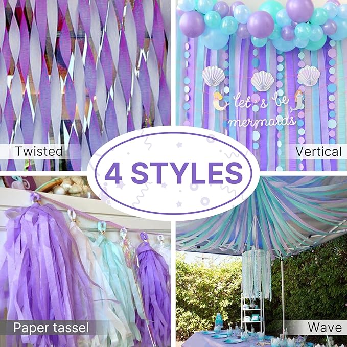 PartyWoo Crepe Paper Streamers 8 Rolls 656ft, Pack of Pink, Purple, Mint, Turquoise and White Party Streamers for Birthday Decorations, Party Decorations, Wedding Decorations (1.8 Inch x 82 Ft/Roll)