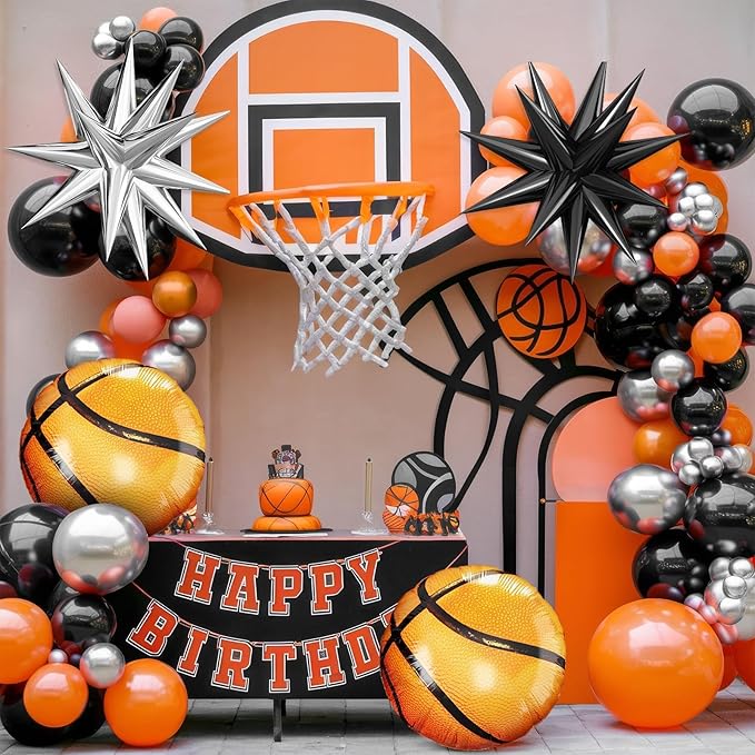 Basketball Balloons Arch Kit, Black Orange Metallic Silver Balloons Garland with Explosion Star and Basketball Foil Balloons for Boy Sport Theme Party basketball Star Teenagers Birthday decoration