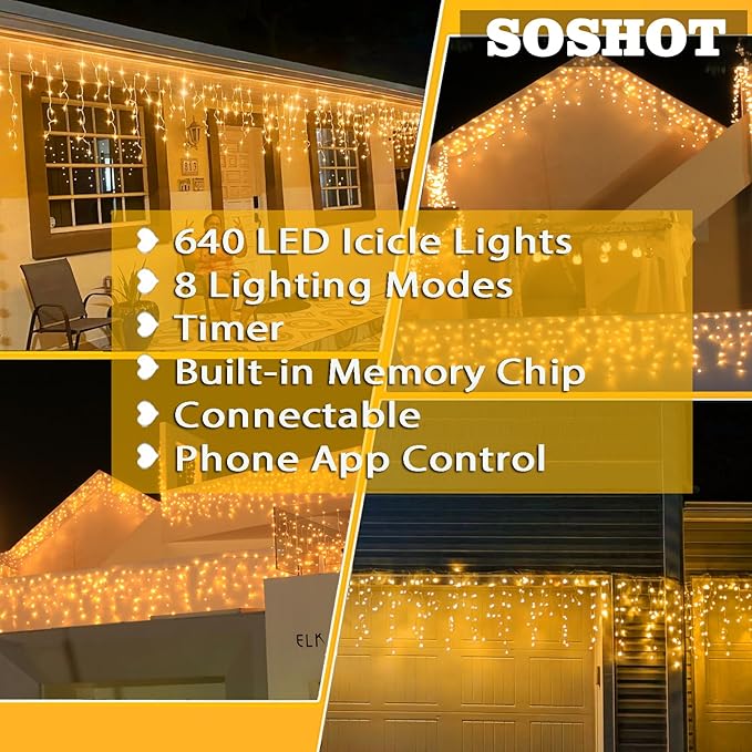 SOSHOT Christmas String Lights Outdoor - 49Ft/15M 640 LED 8 Modes with Remote Control and App Waterproof Christmas Lights for Patio Yard Garden Wedding Party-Warm White
