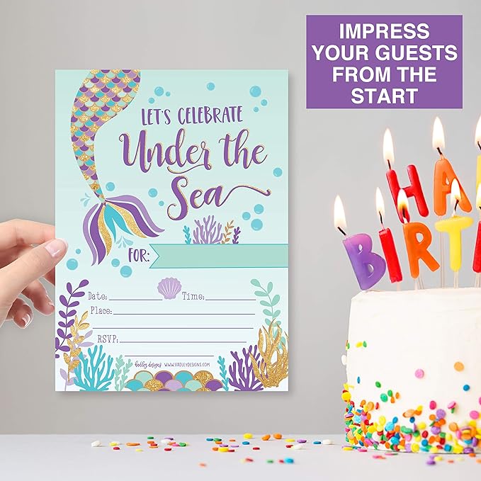 Hadley Designs Kids Birthday Invitations Girl Mermaid Theme - 25 Mermaid Birthday Party Invitations For Girls, Under the Sea Invites For Girls, Cute Party Supplies, Made in USA
