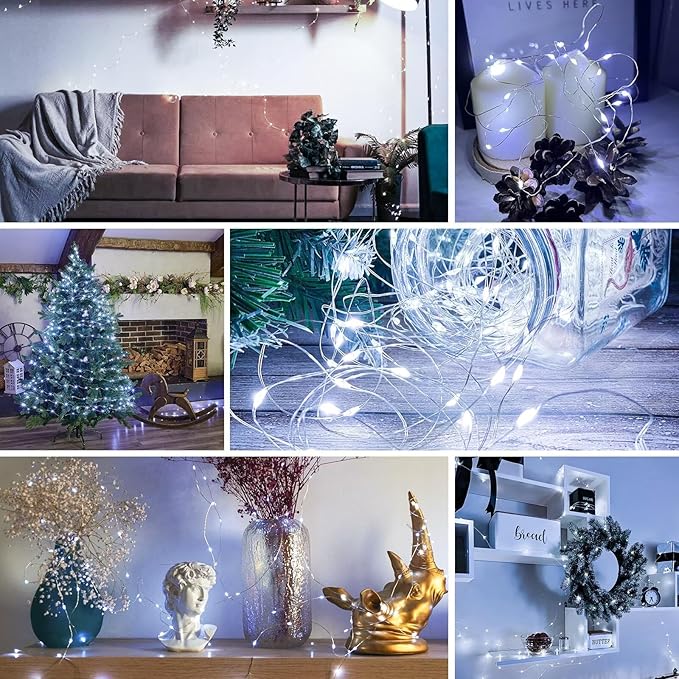 ZGWJ 100 Pack Fairy Lights Battery Operated, 7FT 20LED Mini Fairy String Lights Silver Wire 3 Modes for DIY, Parties, Wedding, Bedroom, Halloween Christmas Decoration- Cold White