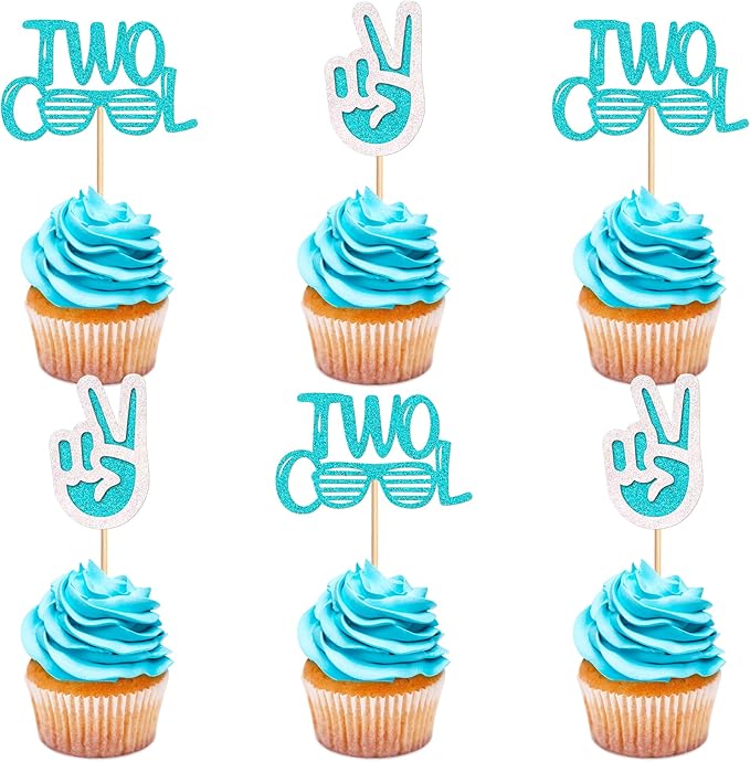 Ercadio 24 Pack Two Cool Cupcake Toppers Glitter Blue Two Cool Happy 2nd Birthday Cake Picks Baby Shower Kids Second Birthday Party Cake Decorations