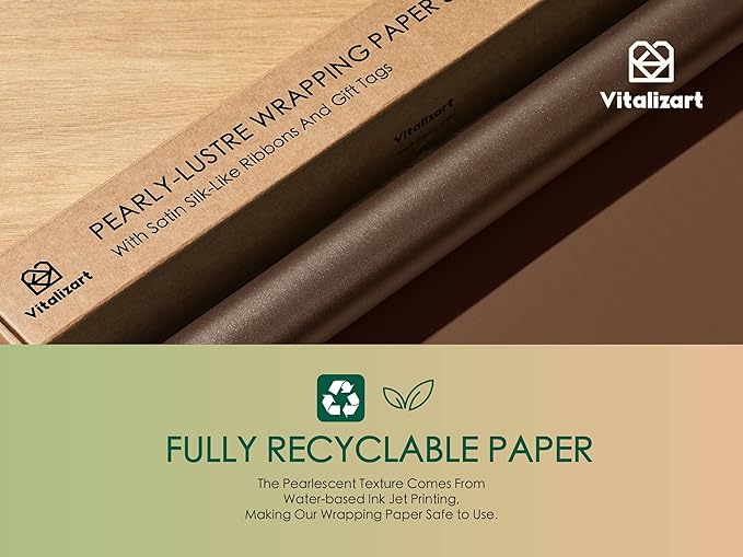 Vitalizart Brown Wrapping Paper Set 17" Pearly-Lustre With Silk Like Satin Ribbon & Gift Tags Recyclable Christmas Gift Wrapping Birthday Baby Shower Wedding Handmade Crafts 197"(16.4 Ft)