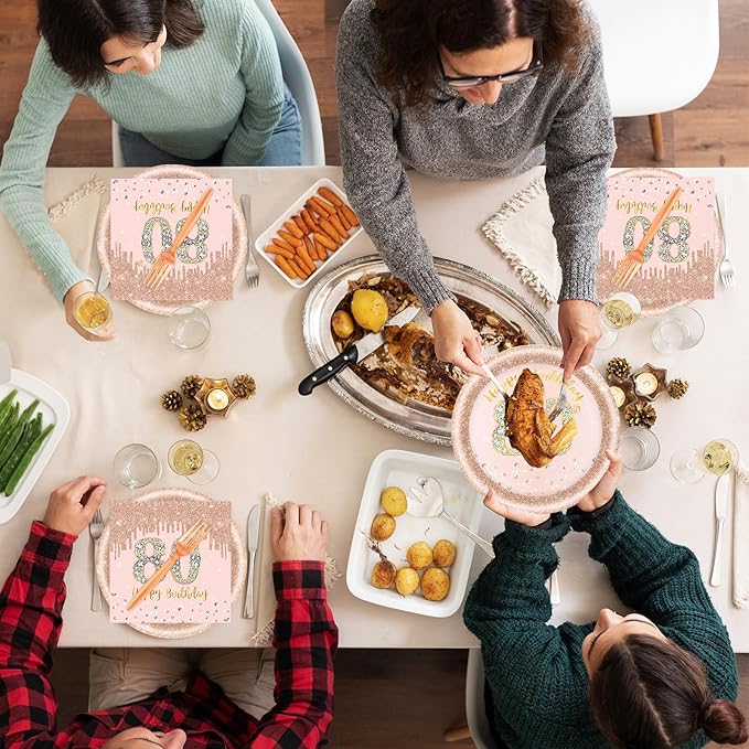 60 PCS 80th Birthday Decorations for Women, 80th Birthday Plates and Napkins Rose Gold Disposable Tableware Set Party Supplies for Women Cheers to 80 Years Anniversary (80TH)