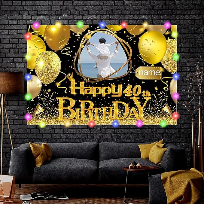 Dicodes Custom Black Gold Theme Birthday Banner for Party Happy Birthday Backdrop Decoration Supplies Personalized with Name and Photo