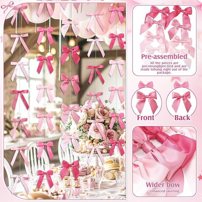Taobary 8 Pcs 6.6 ft Bow Garland, Satin Ribbon Bow Banner Coquette Hanging Ornament for Photo Backdrop Birthday Party Wedding Bridal Baby Shower Wall Decorations(Bright Pink,Mix Size)