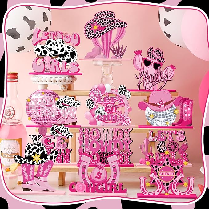 Marsui 12 Pcs Cowgirl Howdy Table Decor Retro Western Pink Wood Centerpieces Let's Go Girls Bachelorette for Home Wooden Sign Blocks Sign Home Decoration Tiered Tray Shelf (Cowgirl)