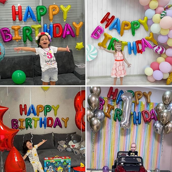 Rainbow Happy Birthday Balloon Banner, 16 Inch Foil Mylar Happy Birthday Balloons Letters, Reusable Colorful Happy Birthday Sign, Rainbow Birthday Decorations for Women, Boys and Girls