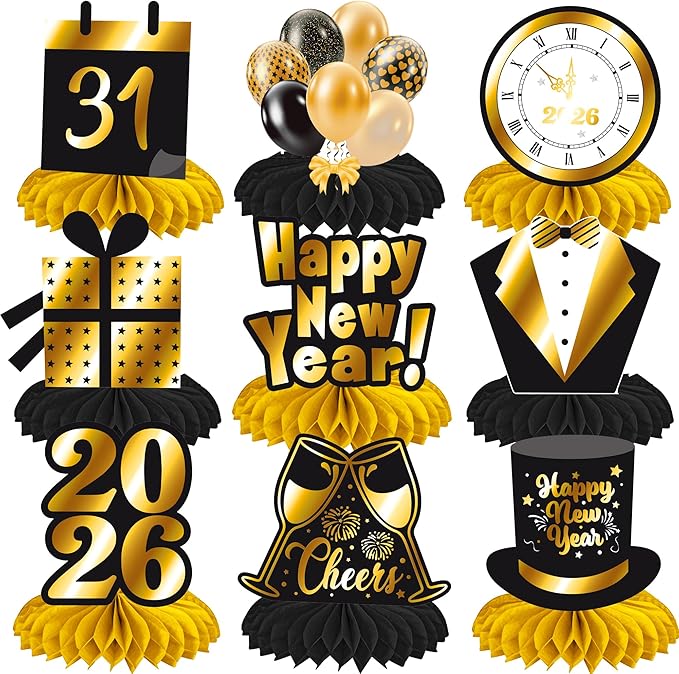 Happy New Year Honeycomb Centerpieces 2026 New Year's Eve Table Decorations 12Pcs New Year Theme Party Supplies Black and Gold Cheers to 2026 Centerpieces for Countdown Party Decor