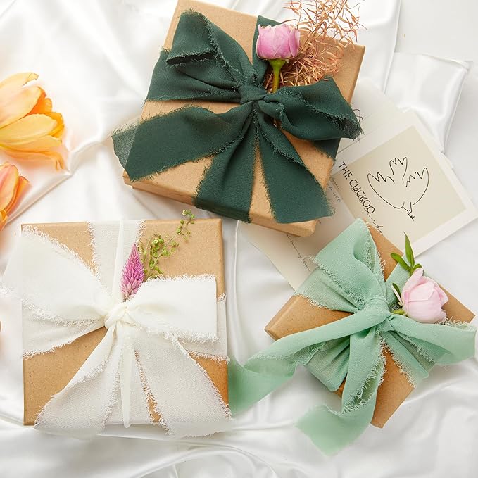 Christmas Ribbon, 3 Rolls Green Chiffon Silk Ribbon for Flower Bouquet, 1 1/2 inch x 7Yd Flower Ribbons for Gift Wrapping, Wedding Invitations, Bridal Bouquets, DIY Crafts, Christmas Decoration
