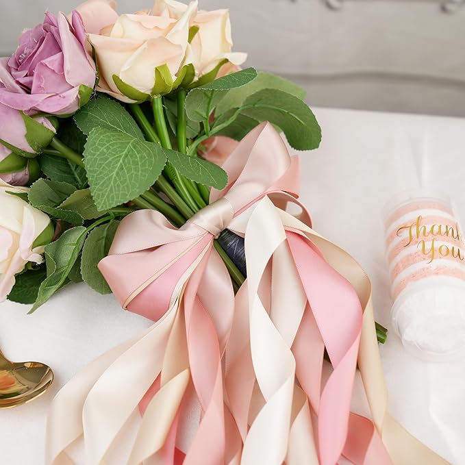 MAYREEL 1 Inch Blush Champagne Ribbon Blush Pink and Gold Silk Ribbon for Wedding Bridal Bouquet Mother's Day Decorations 6 Rolls 10 Yards Each Color Total 60 Yards