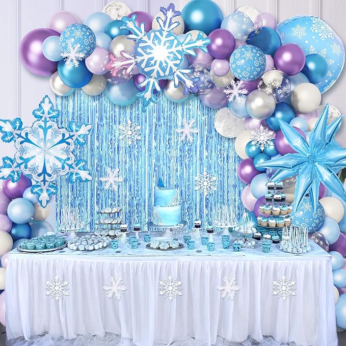 Amandir 162PCS Snow Birthday Party Supplies, Snow Balloon Garland Arch Kit Fringe Curtain Blue Purple Snowflake Confetti Balloons Princess Winter Wonderland Girl Baby Party Decorations