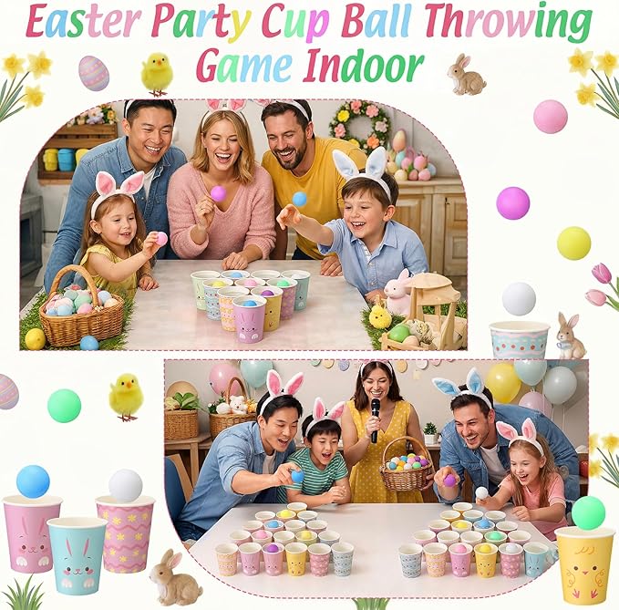 Hollowfly Bunny Party Game for Family 50 Bunny Paper Cups 24 Pastel Balls Animal Rabbit Activities Spring Carnival Throwing Toss Game for Birthday Gatherings Baby Shower Outdoor Indoor Party Supplies