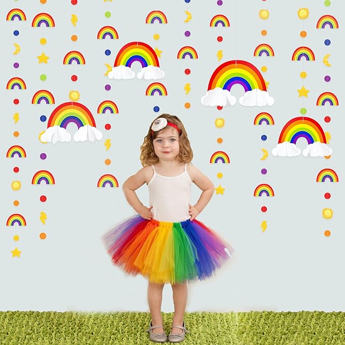 Rainbow Party Decorations 3D Cloud Rainbow Cutout Circle Dots Star Moon Lightning Hanging Colorful Garland Streamer for Birthday Baby Shower Wedding Carnival Party Supplies Classroom Nursery Decor