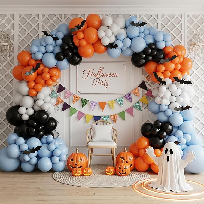 Halloween Balloon Arch Kit,120PCS Halloween Sand White Black Orange Blue Balloon, Ghost Foil Ballons for Halloweenday Party Decorations BOO Party Supply Birthday,Baby Shower