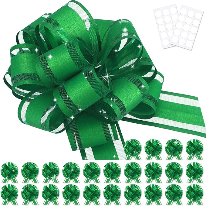 24pcs Green Pull Bow for Gift Basket Wrapping Xmas Gift Bows Adhesive Presents Wrap Ribbon Bow for Christmas Tree Ornament Wine Bottles Bouquet Flower Valentine's Day Party Decor (Green-G)