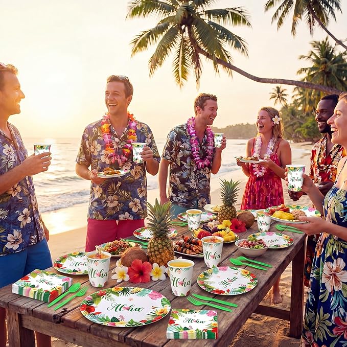 Pajean 350 Pcs Hawaiian Party Decorations 12 in Disposable Oval Tropical Luau Plates and Napkins Palm Leaf Aloha Heavy Duty Paper Tableware Set for 50 Guests Summer Pool and Beach Party Supplies