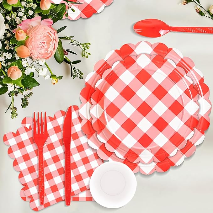 175 Pcs Red Scalloped Gingham Party Supplies for 25 Guests, Red and White Checkered Paper Plates, Cups and Napkins Sets for Baby & Bridal Shower, Wedding, Birthday Party, Outdoor Picnic