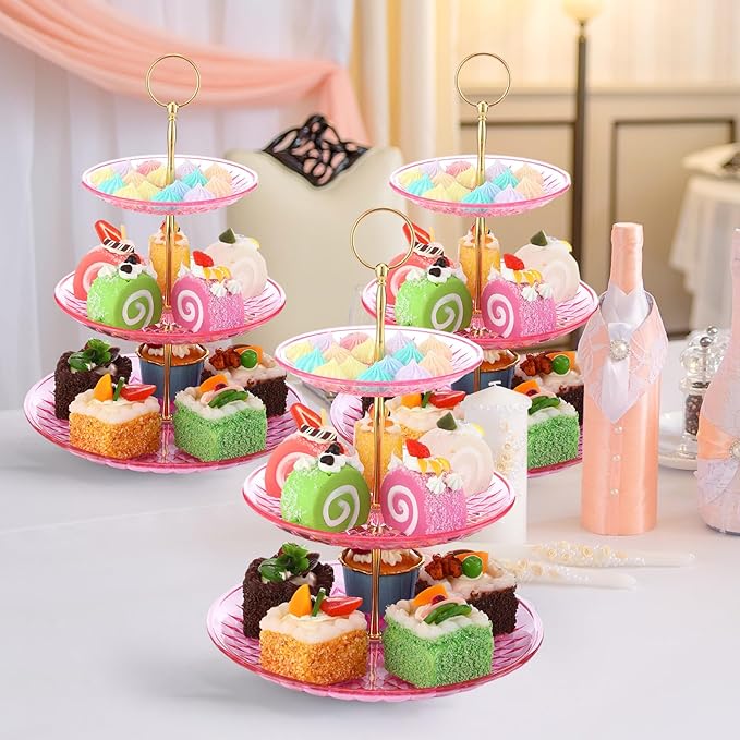 Patelai 8 Packs 3 Tier Crystal Acrylic Clear Cake Stand with Gold Round Holder Acrylic Cupcake Stand Holder for Home Wedding Holiday Birthday Baby Shower Tea Party (Clear Pink)