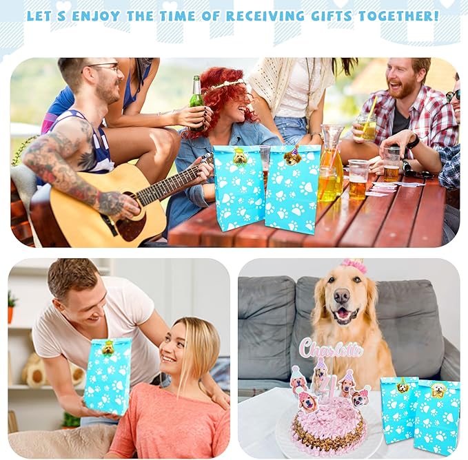 PWZZZAWP 36 Pcs Dog Paw Print Gift Bags with Cute Dog Stickers - Dog Party Favors for Puppy | Pet Themed Goodie Bags for Doggy Lovers, Blue Paper Treat Bags for Pet Party Supplies & Gift Wrapping