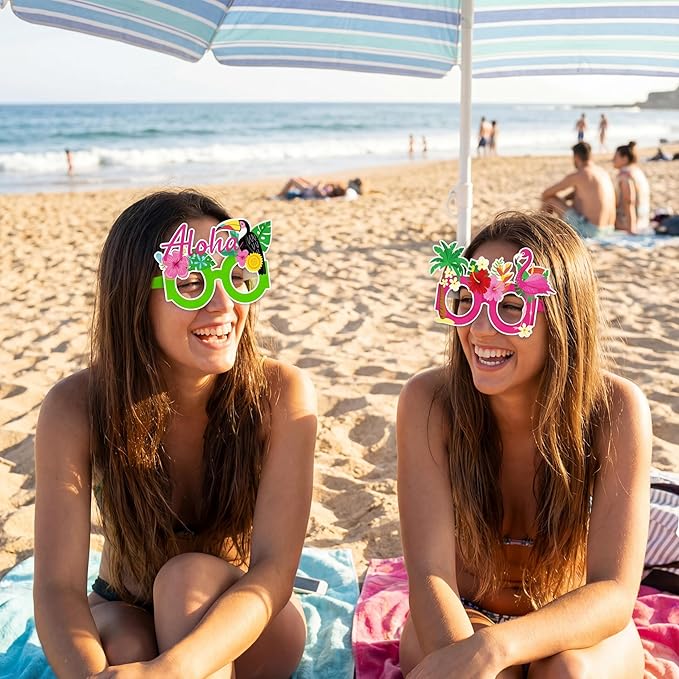 Moon Boat 60Pcs Hawaiian Luau Paper Glasses for Adults Bulk, Summer Beach Party Photo Props Hawaii Tiki Tropical Pool Sunglasses Decorations Supplies