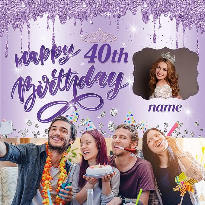 Dicodes Custom Happy Birthday Backdrop for Girls Women, Personalized Rose Gold Birthday Banner Glitter Diamond Photography Background (Purple)