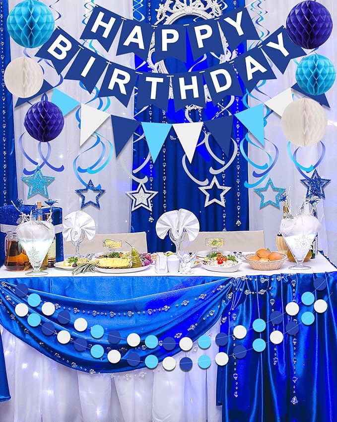 Pre-Strung Blue Happy Birthday Decorations, Happy Birthday Banner with Honeycomb Balls, Stars Hanging Swirl Streamers, Dots Garland, Party Decorations for Men Boys Women Girls