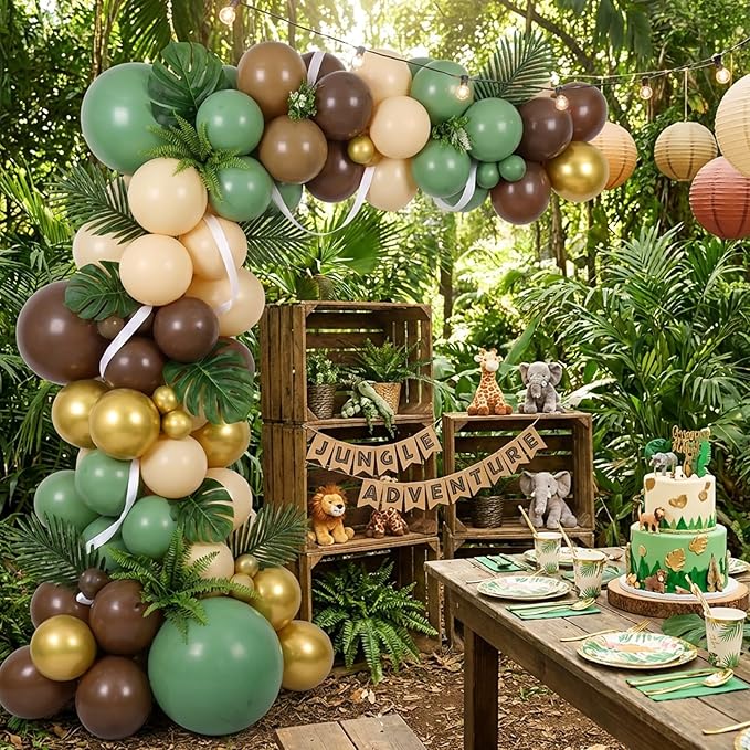 RUBFAC Sage Green and Brown Balloons, 65pcs Olive Green Dark Brown Coffee Nude Gold Metallic Party Balloons for Camo Army Hunting Birthday Jungle Safari Woodland Floral