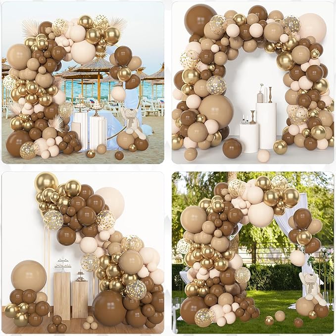 Archloon 156pcs Brown Balloon Garland Arch Kit, Different Sizes 18 12 10 5 inch Brown Nude Latex Metallic Confetti Gold Balloons for Neutral Bear Baby Shower Safari Birthday Party Decorations Supplies
