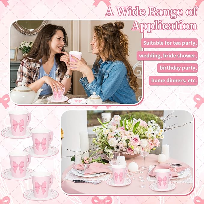 Whaline 80 Pcs Tea Party Supplies 9oz Pink Bow Paper Tea Cups and Saucers Coquette Bowknot Disposable Teacups with Handle and Dessert Plates for Wedding Birthday Baby Shower Bachelorette Tea Party