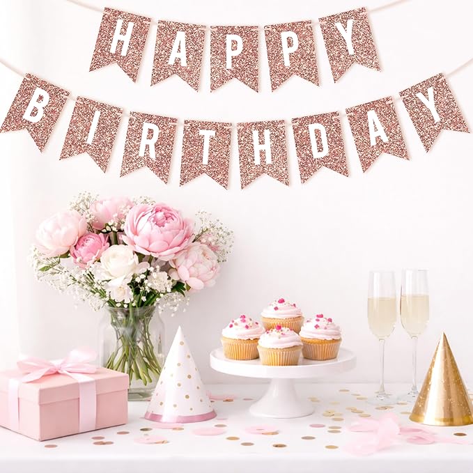 Pre-strung Happy Birthday Banner - No DIY - Rose Gold Glitter Birthday Party Banner - Pre-strung Garland on 6 ft Strands - Rose Gold Bday Party Decorations & Decor. Did We Mention No DIY