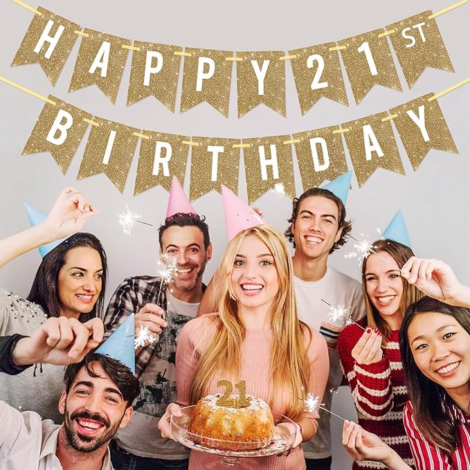 Netnology Pre-Strung Gold Happy 21st Birthday Banner Decorations,12 ft No DIY Gold Glitter 21st Birthday Party Banner Sign Decor for Women Men Girl Boy Party Supplies