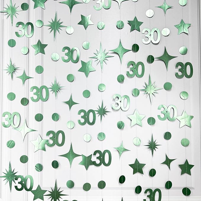 Sage Green 30th Birthday Decorations Number 30 Circle Dot Twinkle Star Garland Metallic Streamer Banner Backdrop for Womens Cheers to 30 Years Old Dirty Thirty Happy 30th Anniversary Party Supplies