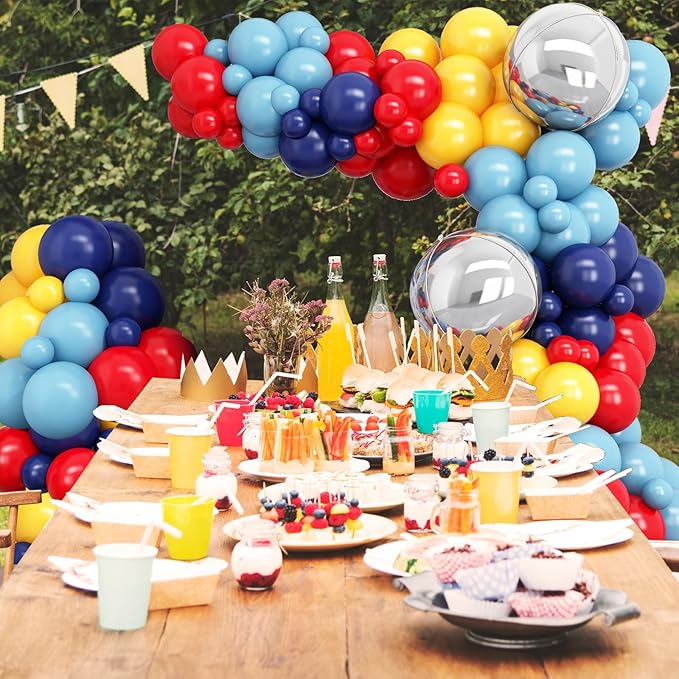 Jobkoo Red Blue Yellow Balloon Arch Kit with 4D Silver Ball Foil Balloons, Dusty Navy Blue Red Yellow Latex Balloons Garland for Carnival Circus Birthday Baby Shower Party Decorations