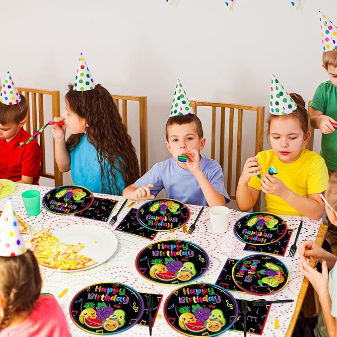 100Pcs Dancing Fruit Party Decorations Sensory Fruit Paper Plates and Napkins Dancing Fruits Themed Disposable Tableware Set for Summer Fruits 1st Birthday Baby Shower Party Supplies Serves 25
