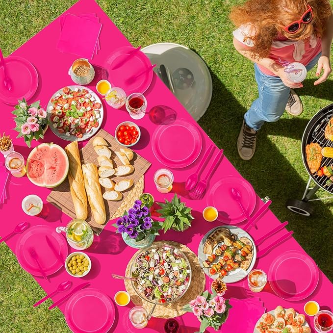 229PCS Hot Pink Party Supplies Set - Paper Disposable Plates Cups Plastic Spoons Forks Knives Napkins Serve 30 Guests
